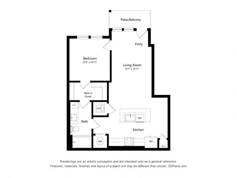Floor plan for 1 bed, 1 bath, 724 sqft